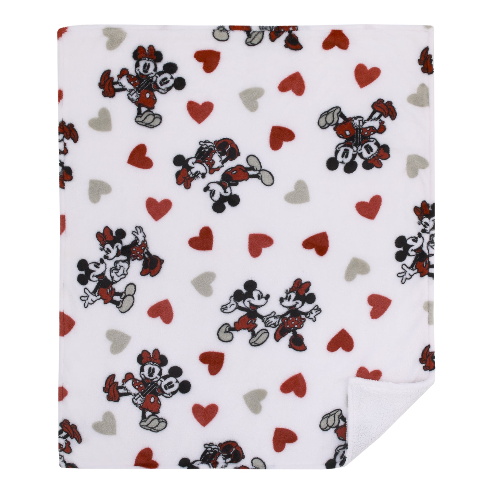 Disney Mickey Mouse & Minnie Mouse Red, Gray, and White Valentine Hearts Super Soft Sherpa Baby Blanket