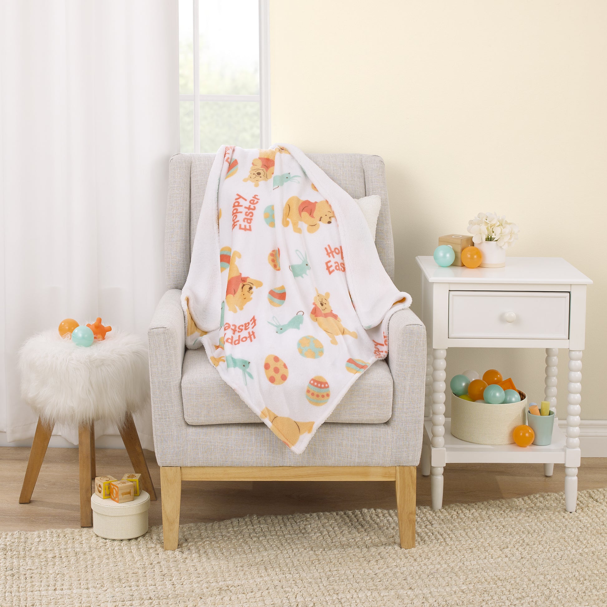 Disney Winnie the Pooh Aqua, Tan, Red, and White Hoppy Easter Super Soft Sherpa Baby Blanket