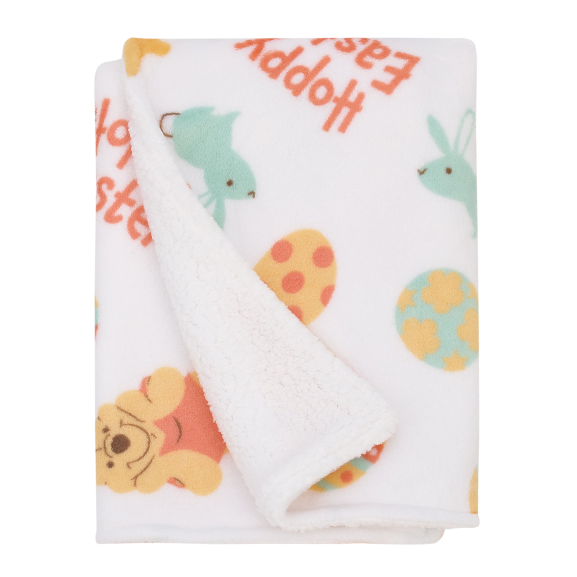 Disney Winnie the Pooh Aqua, Tan, Red, and White Hoppy Easter Super Soft Sherpa Baby Blanket