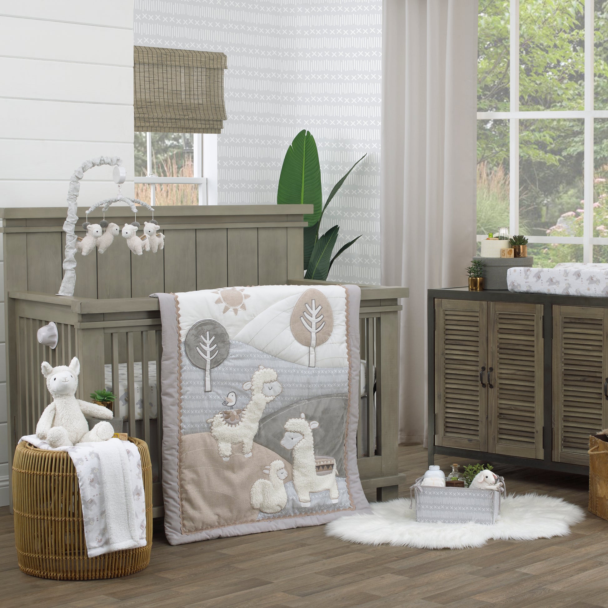 NoJo Mama's Little Llama Grey, White and Charcoal 4 Piece Nursery Crib Bedding Set - Comforter, Crib Sheet, Dust Ruffle and Nursery Organizer