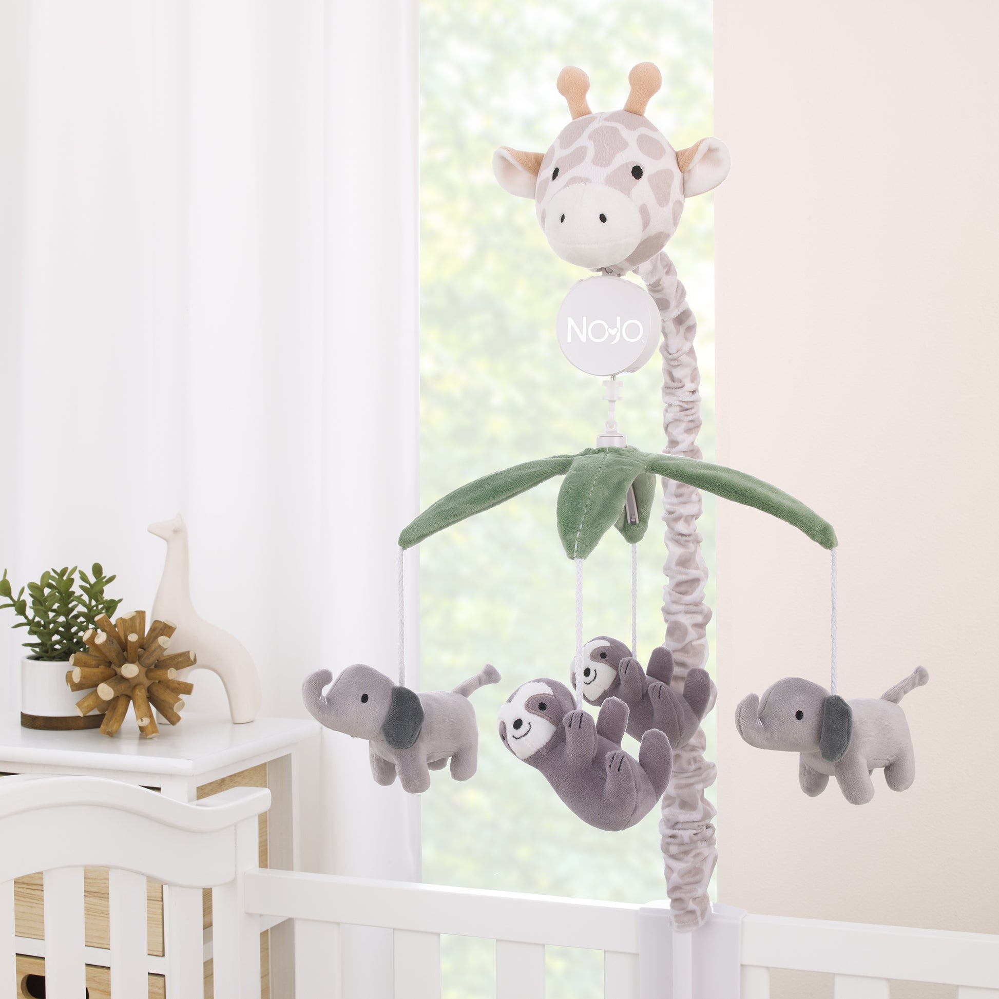 NoJo Plush Giraffe Taupe, Green, and Gray Elephants and Sloth's Musical Mobile