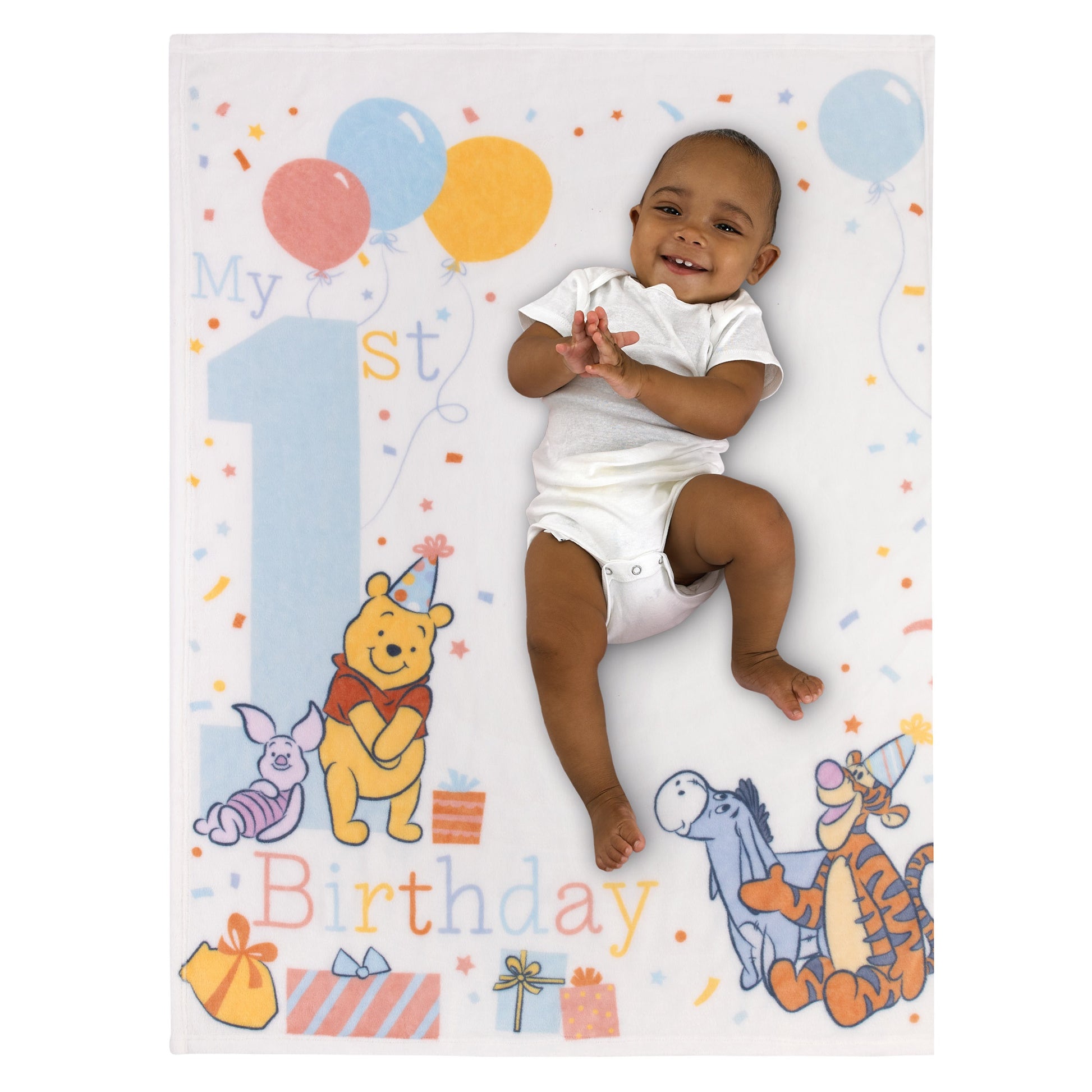 Disney Winnie the Pooh My 1st Birthday Multi-Colored Piglet, Tigger, and Eeyore Super Soft Photo Op Baby Blanket