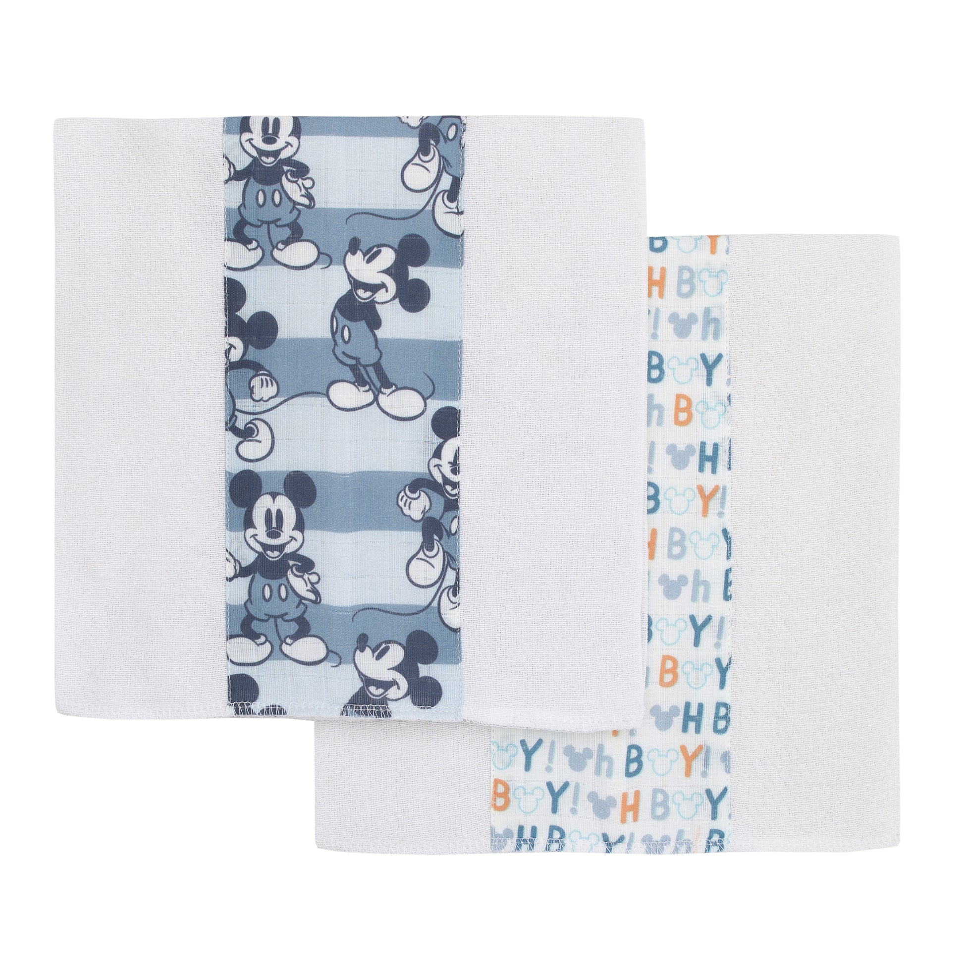 Disney Mickey Mouse Blue, White, and Orange 2Pk 100% Cotton Muslin Burp Cloths