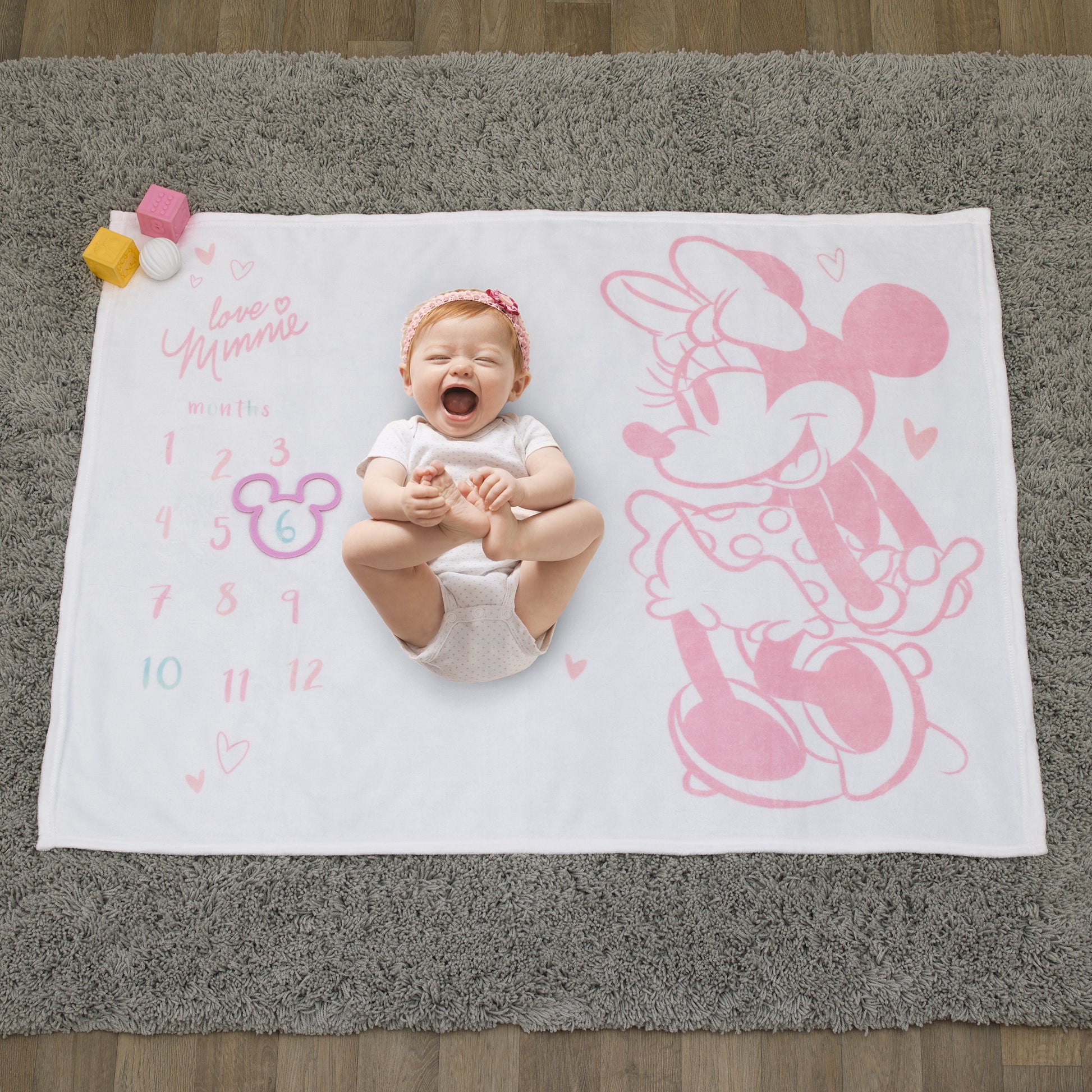Disney Minnie Mouse White, Pink, and Aqua Super Soft Milestone Baby Blanket