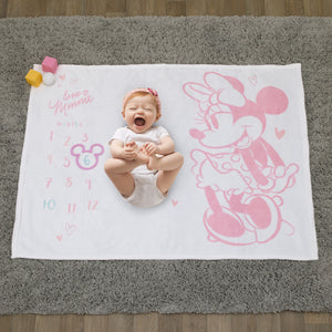 Disney Minnie Mouse White, Pink, and Aqua Super Soft Milestone Baby Blanket