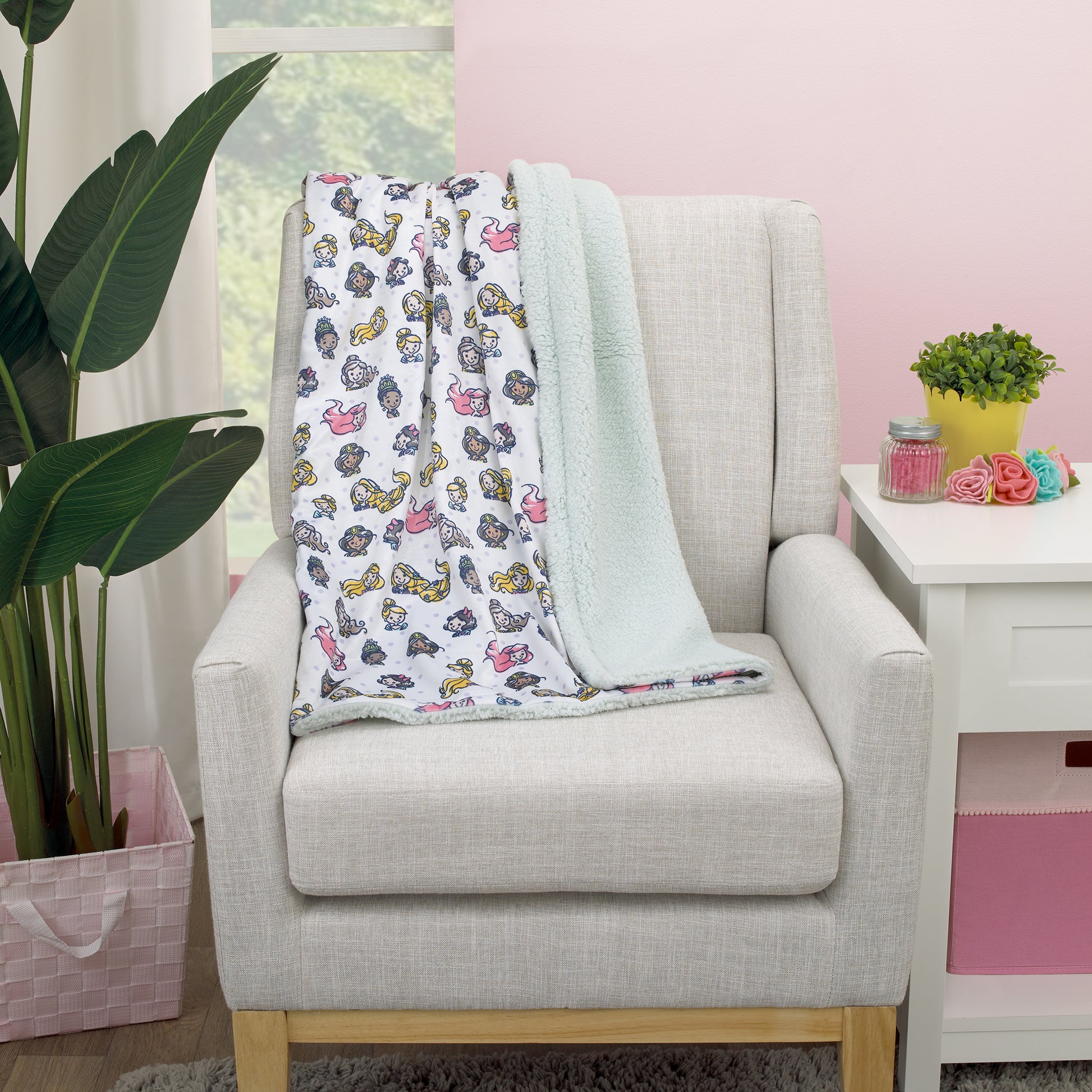 Disney Princess White, Pink, Yellow, and Lavender Dot Super Soft Baby Blanket with Sherpa Back
