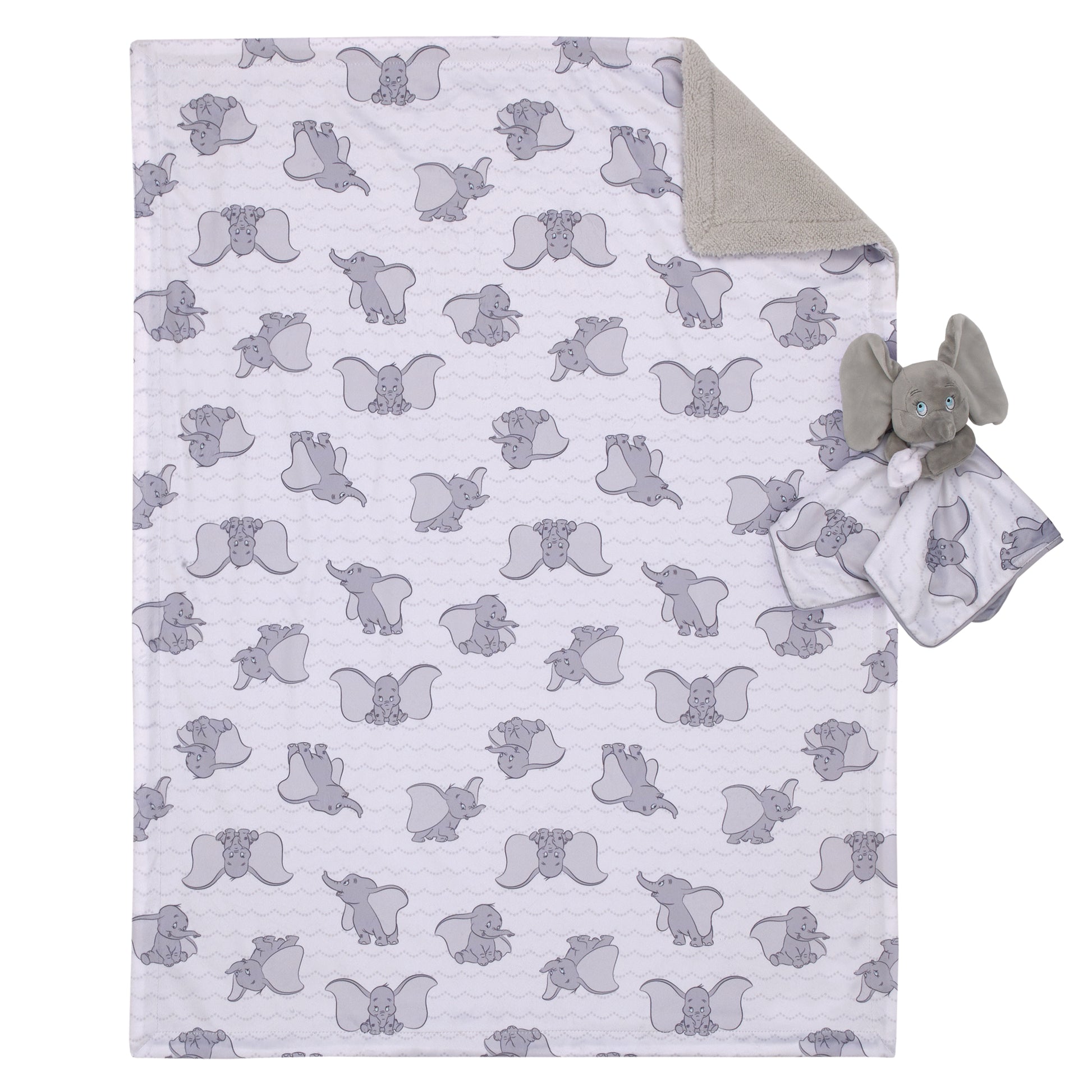 Disney Dumbo Gray and White Super Soft Sherpa Baby Blanket and Security Blanket 2-Piece Gift Set