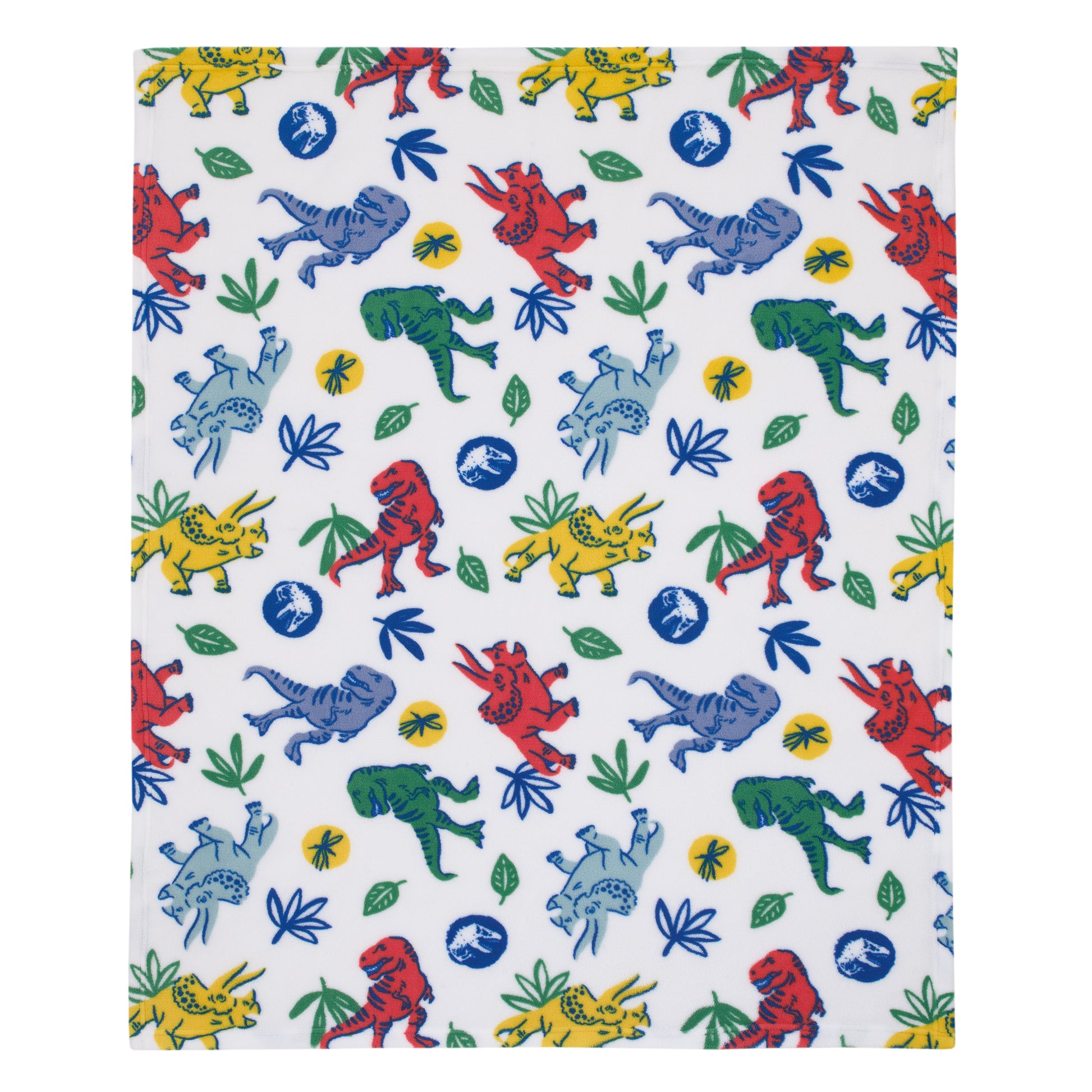 Universal Jurassic World Wild and Free Blue, Green, and Yellow Dinosaur Super Soft Plush Toddler Blanket