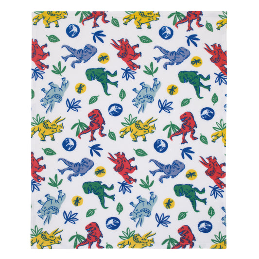 Universal Jurassic World Wild and Free Blue, Green, and Yellow Dinosaur Super Soft Plush Toddler Blanket