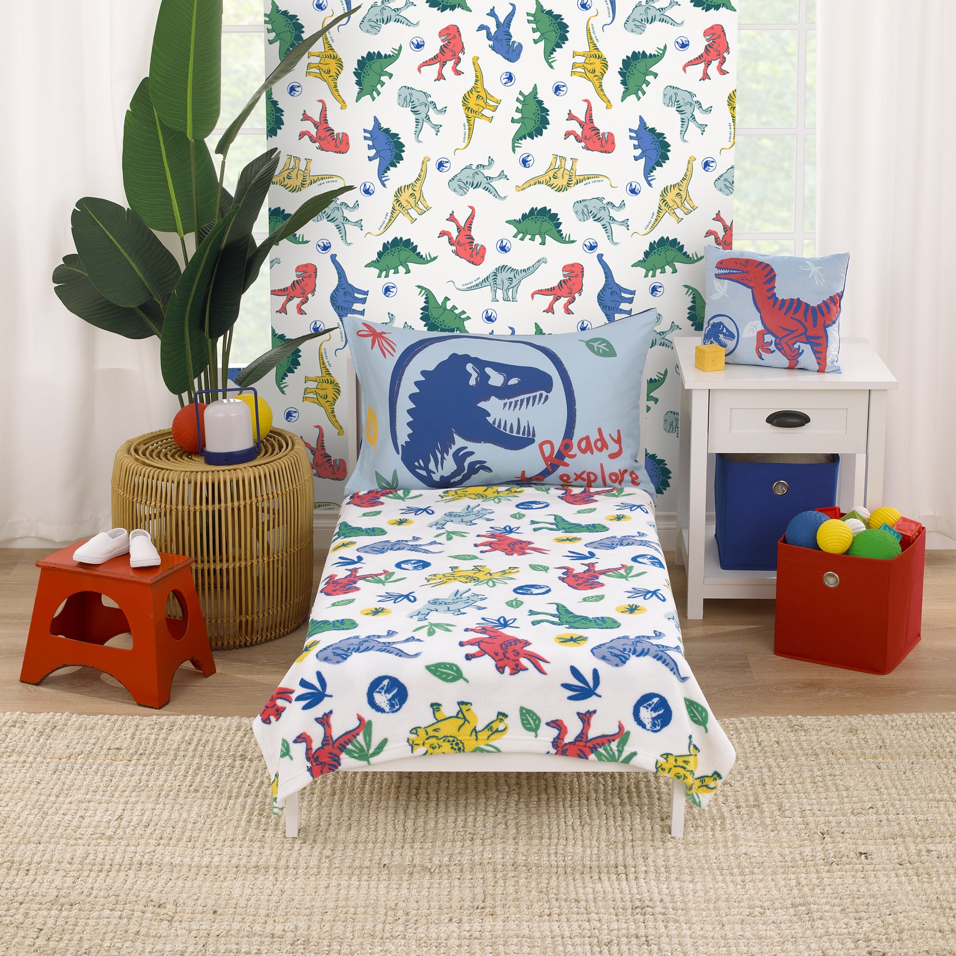Universal Jurassic World Wild and Free Blue, Green, and Yellow Dinosaur Super Soft Plush Toddler Blanket
