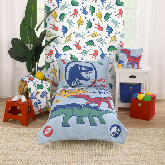 Universal Jurassic World Wild and Free Blue, Green, and Yellow Dinosaur 4 Piece Toddler Bed Set - Comforter, Fitted Bottom Sheet, Flat Top Sheet, Reversible Pillowcase