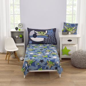 Star Wars The Child Cutest in the Galaxy Blue, Green, and Gray, Grogu, Stars, and Hover Pod Super Soft Toddler Blanket