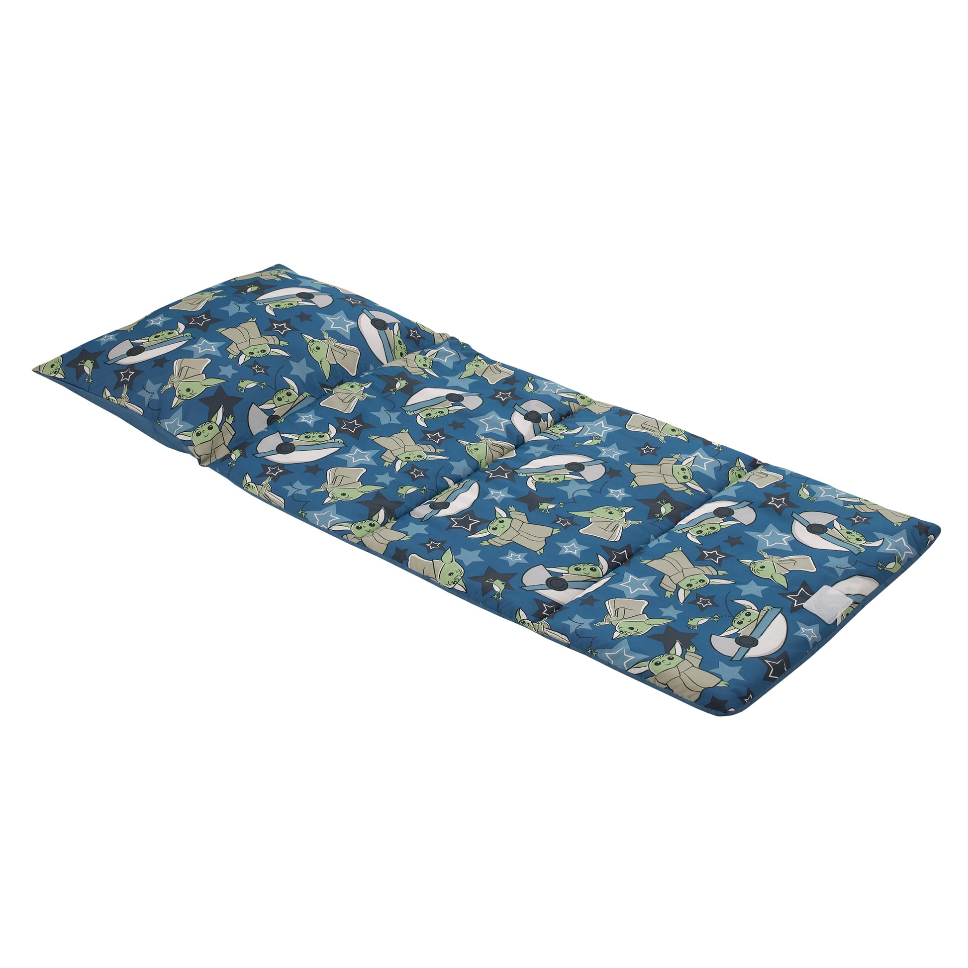 Star Wars The Child Cutest in the Galaxy Blue, Green and Gray Grogu, Hover Pod, and Stars Deluxe Easy Fold Toddler Nap Mat
