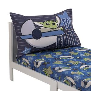 Star Wars The Child Cutest in the Galaxy Blue, Green, and Gray Grogu and Hover Pod 2 Piece Toddler Sheet Set - Fitted Bottom Sheet and Reversible Pillowcase