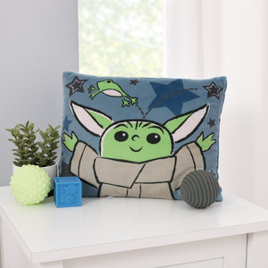 Star Wars The Child Cutest in the Galaxy Blue, Green and Gray, Grogu, Sorgan Frog and Stars Super Soft Decorative Toddler Pillow