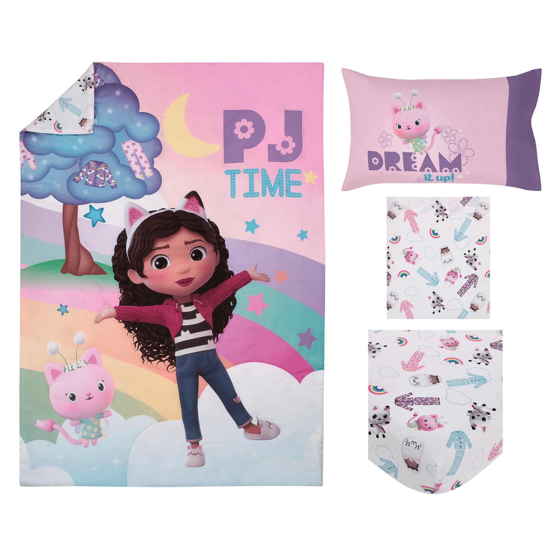 DreamWorks Gabby's Dollhouse Dream It Up Multi-Colored Rainbow PJ Time 4 Piece Toddler Bed Set - Comforter, Fitted Bottom Sheet, Flat Top Sheet and Reversible Pillowcase