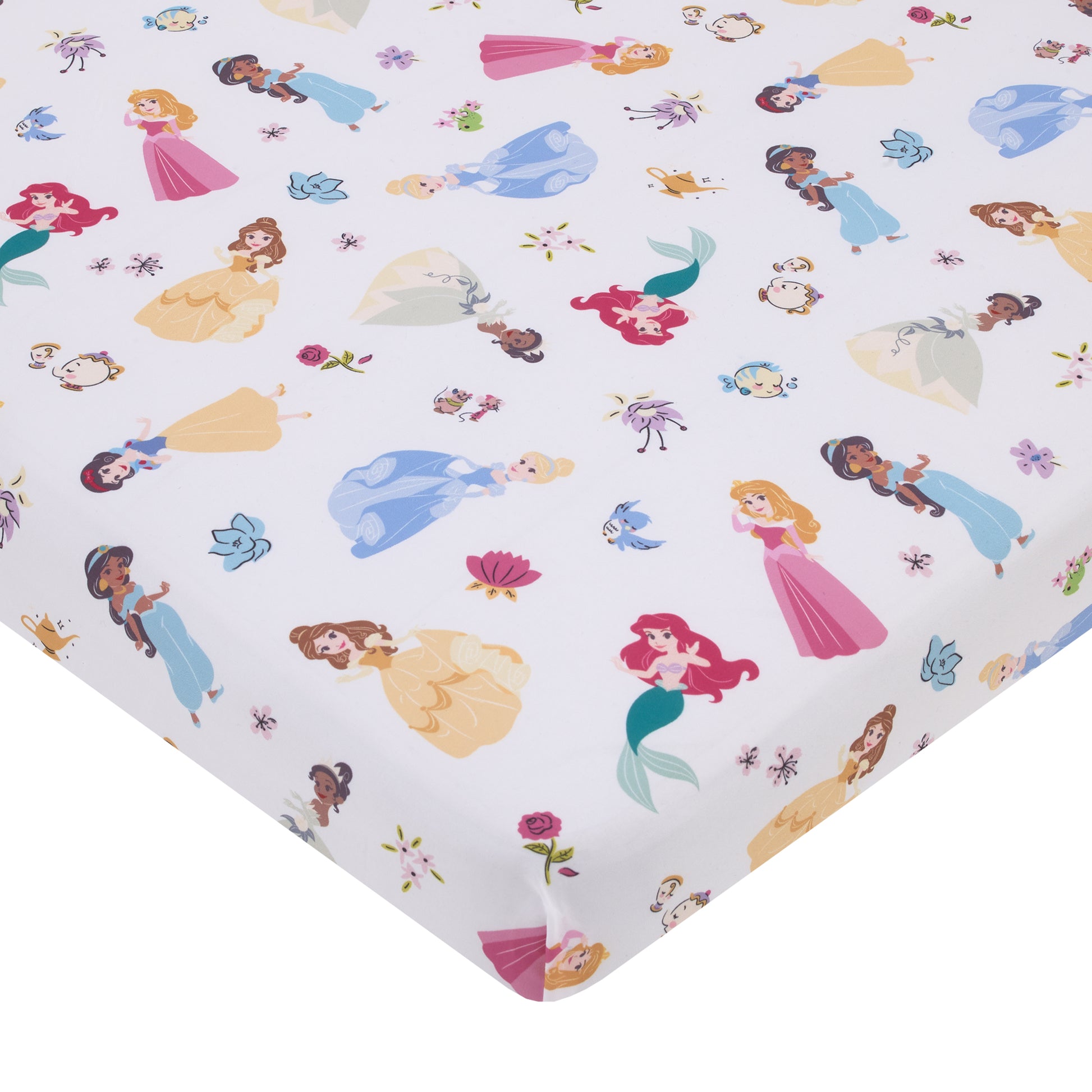 Disney Princess Pink, Blue, Yellow, and White Super Soft Nursery Fitted Mini Crib Sheet