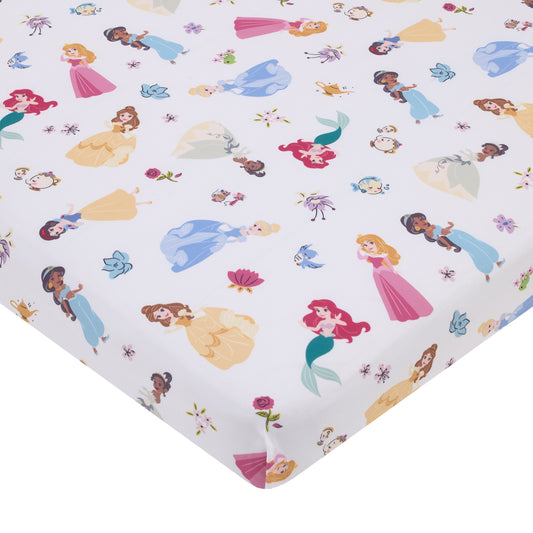 Disney Princess Pink, Blue, Yellow, and White Super Soft Nursery Fitted Mini Crib Sheet