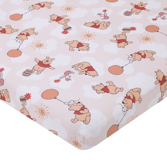 Disney Winnie the Pooh Tan, Red, and White Piglet, Balloons, and Hunny Pots Super Soft Nursery Fitted Mini Crib Sheet