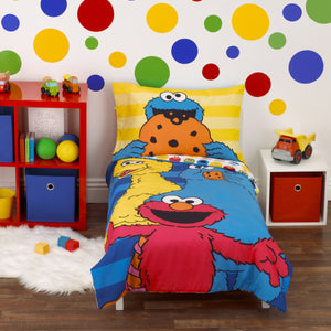 Sesame Street Best Friends Blue, Red, Yellow 4 Piece Toddler Bed Set - Comforter, Fitted Bottom Sheet, Flat Top Sheet, Reversible Pillowcase