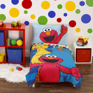 Sesame Street Best Friends Blue, Red, Yellow 4 Piece Toddler Bed Set - Comforter, Fitted Bottom Sheet, Flat Top Sheet, Reversible Pillowcase