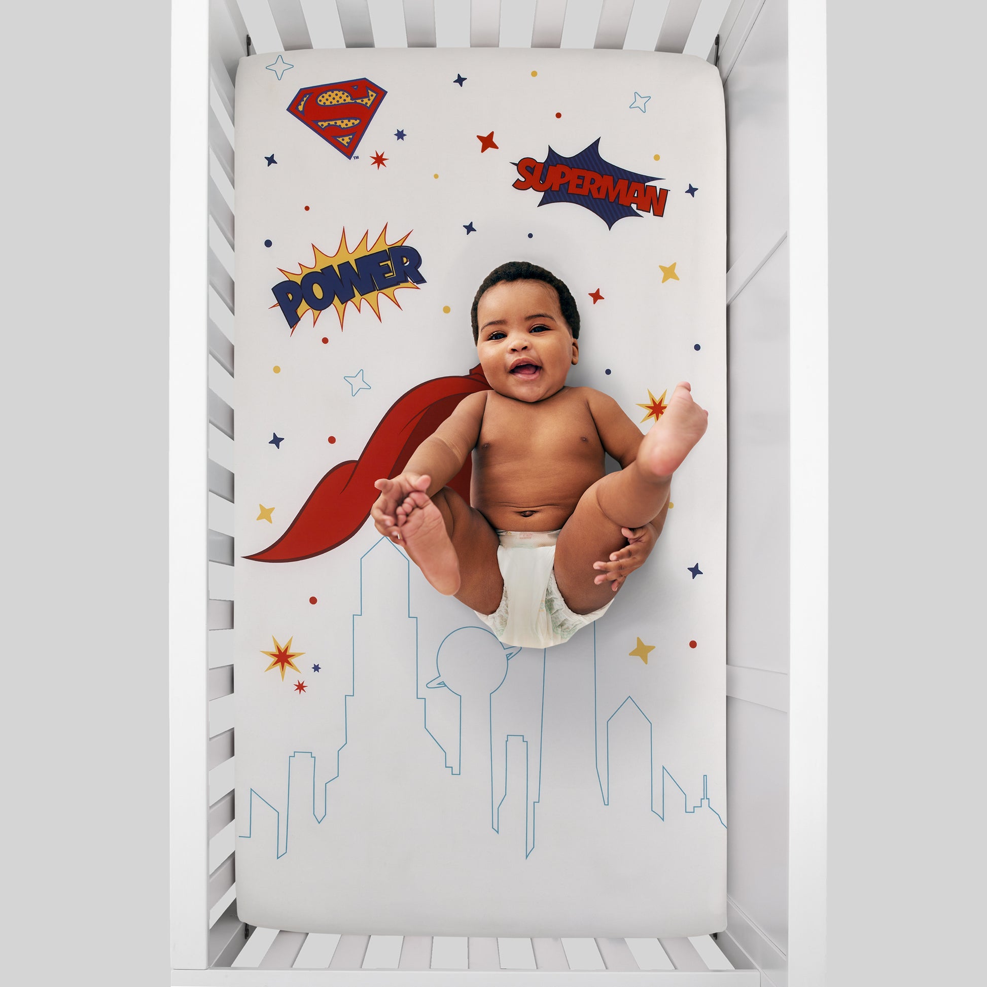 Warner Bros  Superman White and Red Power, Icon, and Stars Photo Op Nursery Fitted Crib Sheet