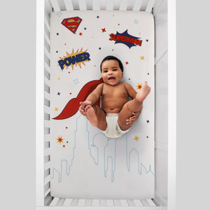 Warner Bros  Superman White and Red Power, Icon, and Stars Photo Op Nursery Fitted Crib Sheet