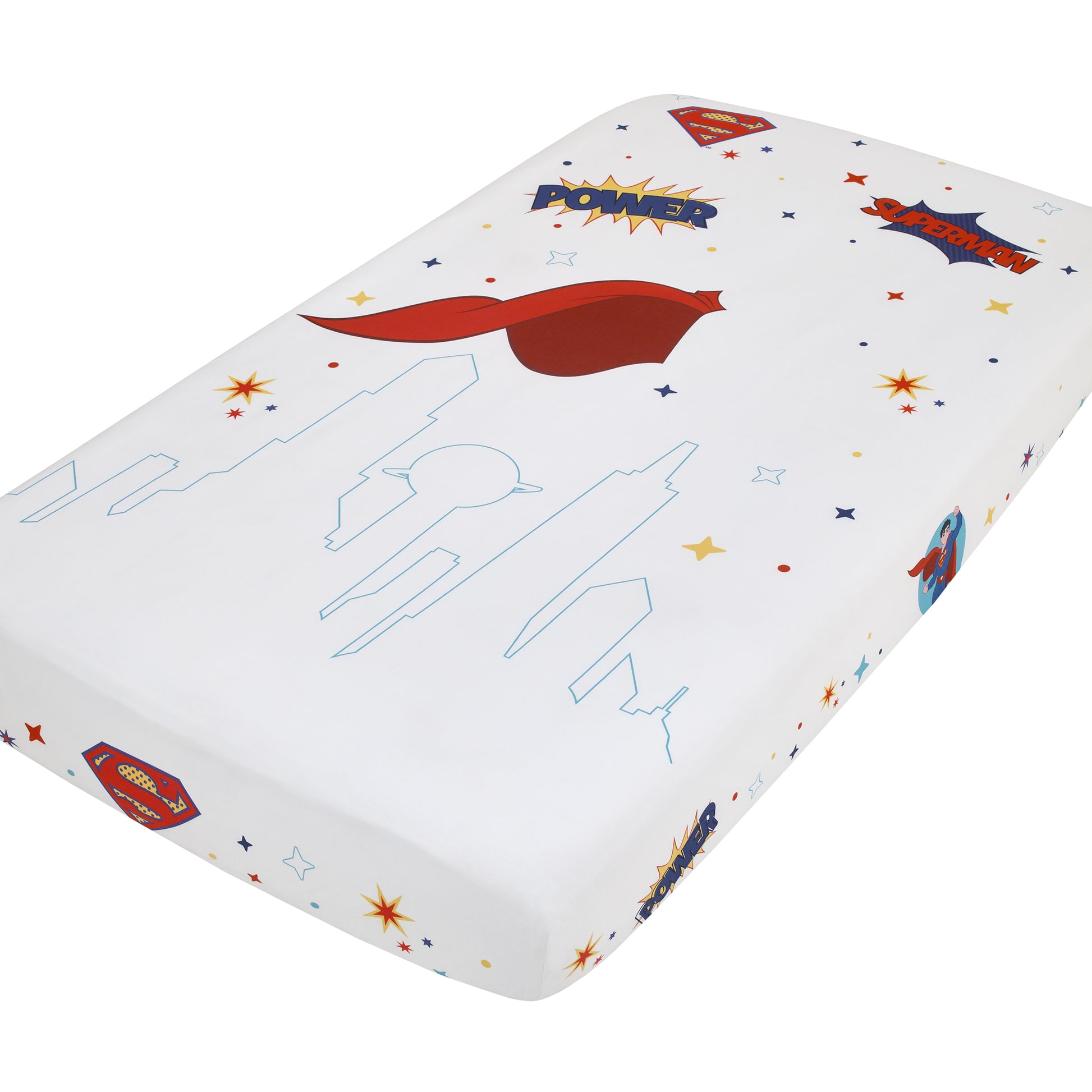 Warner Bros  Superman White and Red Power, Icon, and Stars Photo Op Nursery Fitted Crib Sheet