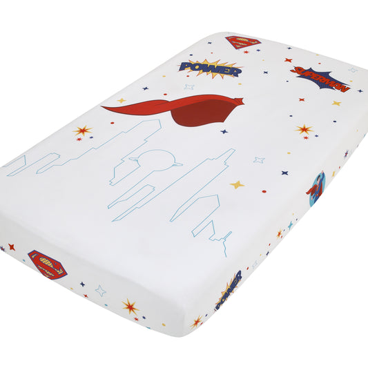 Warner Bros  Superman White and Red Power, Icon, and Stars Photo Op Nursery Fitted Crib Sheet