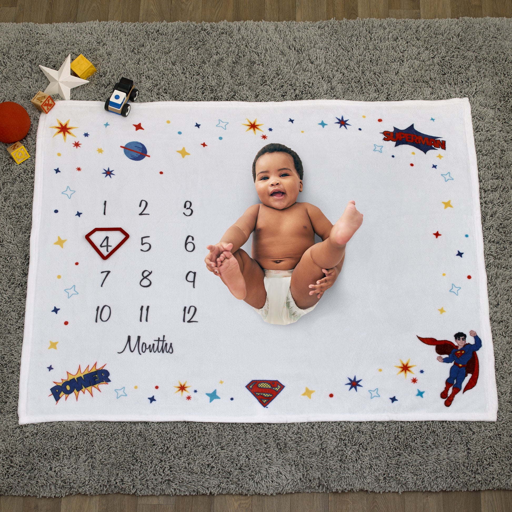 Warner Bros  Superman White and Red Power, Icon, and Stars Milestone Baby Blanket