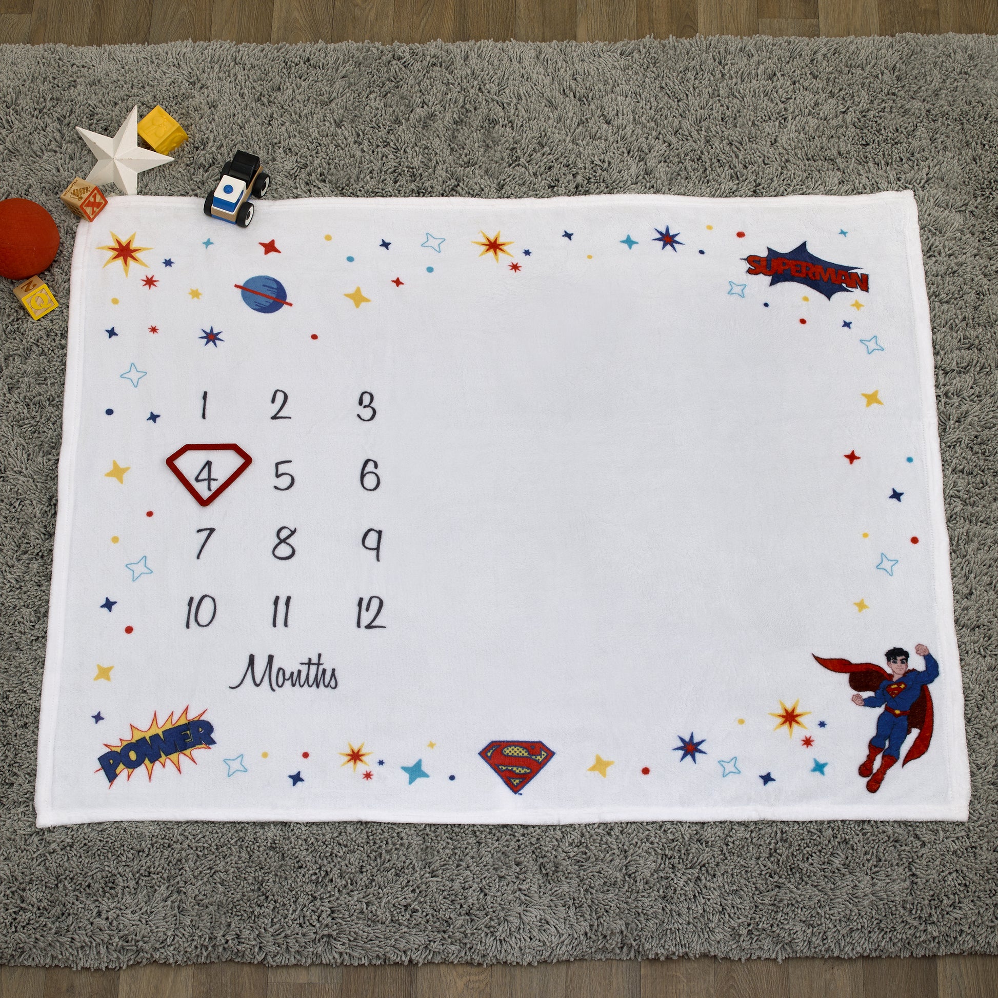 Warner Bros  Superman White and Red Power, Icon, and Stars Milestone Baby Blanket