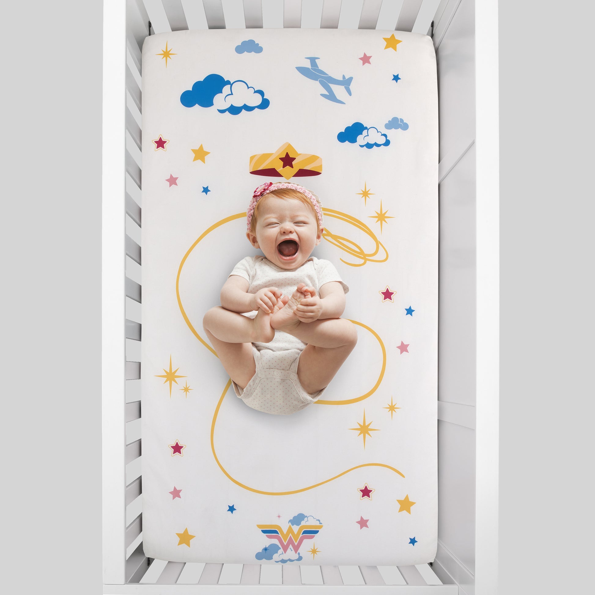 Warner Bros  Wonder Woman White and Gold Star-Tiara, Lasso of Truth, and the Invisible Jet Photo Op Nursery Fitted Crib Sheet