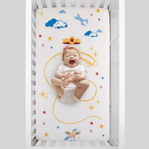 Warner Bros  Wonder Woman White and Gold Star-Tiara, Lasso of Truth, and the Invisible Jet Photo Op Nursery Fitted Crib Sheet