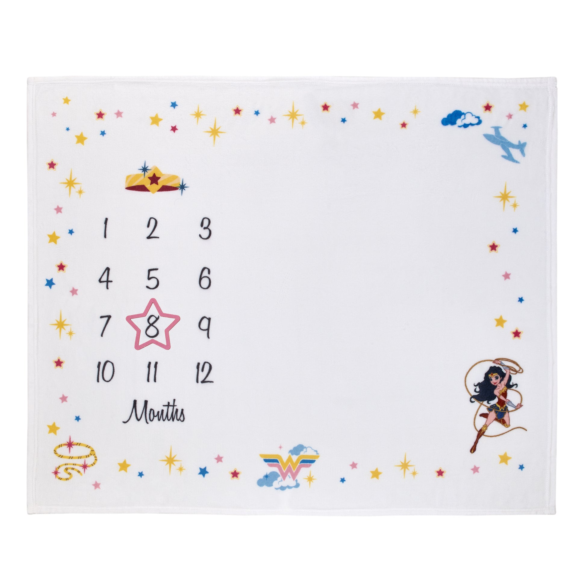 Warner Bros  Wonder Woman White and Gold Star-Tiara, Lasso of Truth, and the Invisible Jet Milestone Baby Blanket