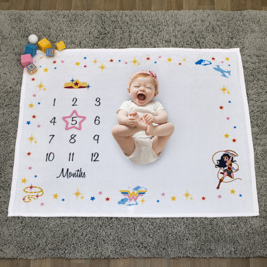 Warner Bros  Wonder Woman White and Gold Star-Tiara, Lasso of Truth, and the Invisible Jet Milestone Baby Blanket
