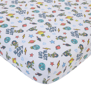 Disney Toy Story Buzz Lightyear Blue, Orange, and Yellow Countdown to Blast-Off 3 Piece Nursery Crib Bedding Set - Comforter, 100% Cotton Fitted Crib Sheet and Crib Skirt