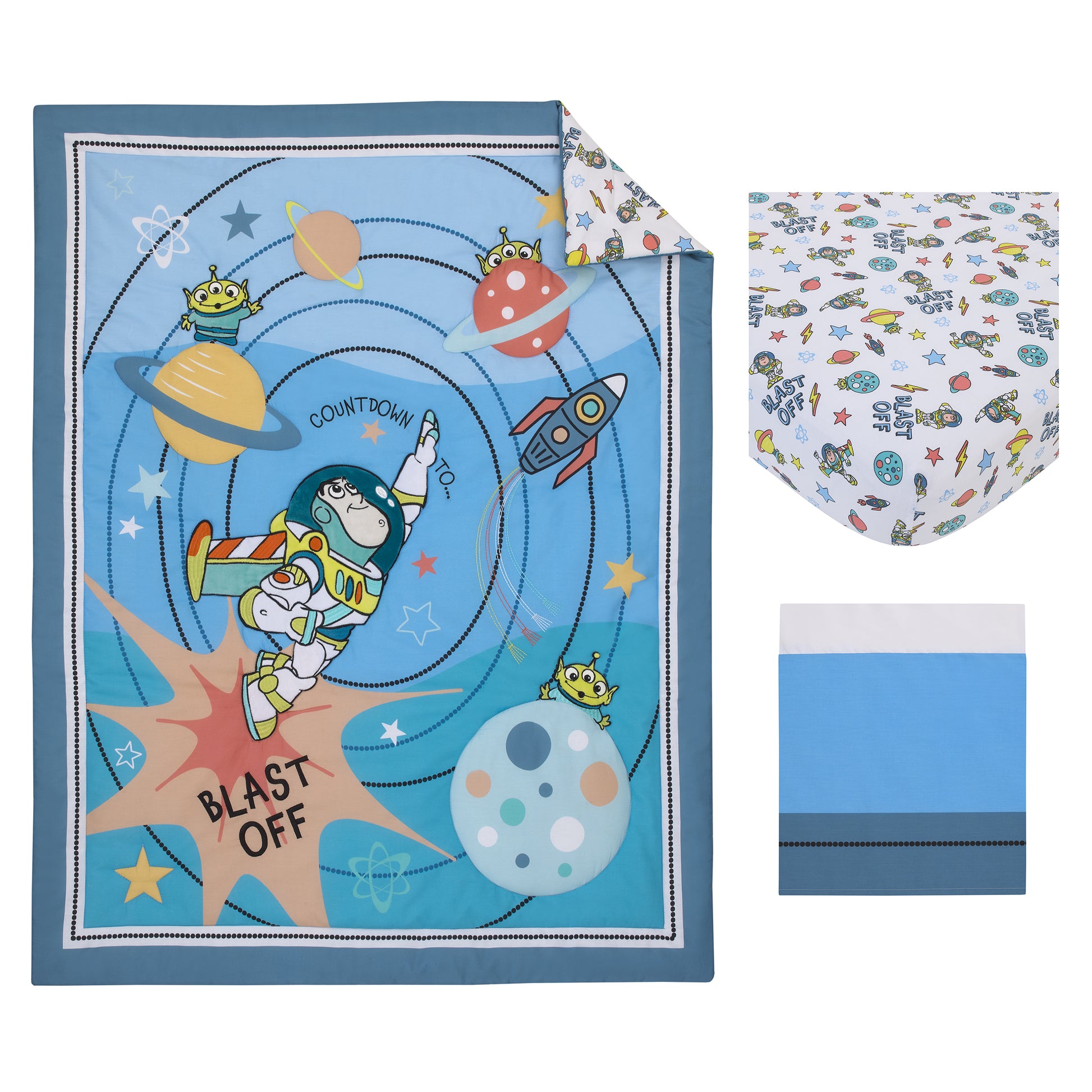 Disney Toy Story Buzz Lightyear Blue, Orange, and Yellow Countdown to Blast-Off 3 Piece Nursery Crib Bedding Set - Comforter, 100% Cotton Fitted Crib Sheet and Crib Skirt