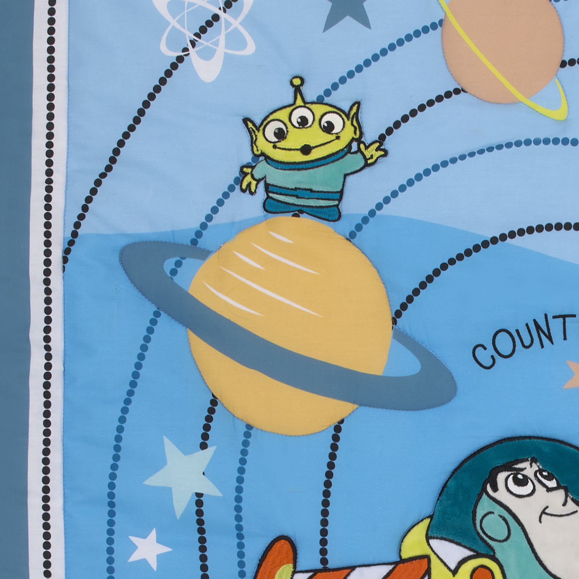 Disney Toy Story Buzz Lightyear Blue, Orange, and Yellow Countdown to Blast-Off 3 Piece Nursery Crib Bedding Set - Comforter, 100% Cotton Fitted Crib Sheet and Crib Skirt