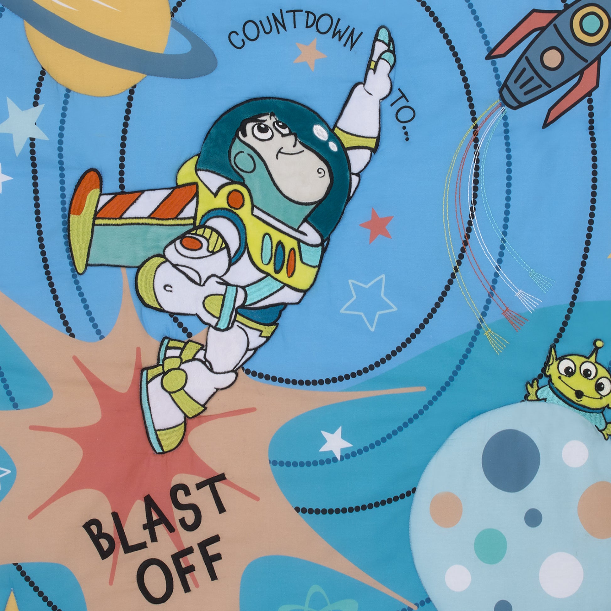 Disney Toy Story Buzz Lightyear Blue, Orange, and Yellow Countdown to Blast-Off 3 Piece Nursery Crib Bedding Set - Comforter, 100% Cotton Fitted Crib Sheet and Crib Skirt