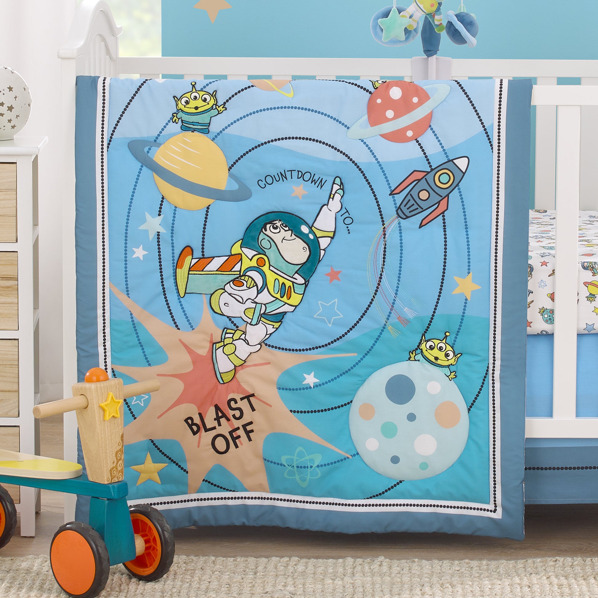 Disney Toy Story Buzz Lightyear Blue, Orange, and Yellow Countdown to Blast-Off 3 Piece Nursery Crib Bedding Set - Comforter, 100% Cotton Fitted Crib Sheet and Crib Skirt