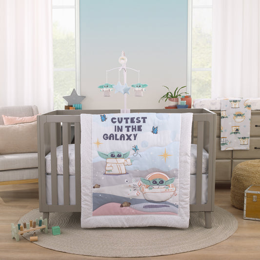 Star Wars Grogu Cutest in the Galaxy Cream, Green, and White 3 Piece Nursery Crib Bedding Set - Comforter, Fitted Crib Sheet, and Crib Skirt