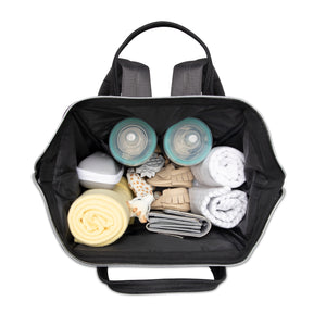 Baby Boom Gear - Clamshell Backpack Diaper Bag, Black, Gray, Tan