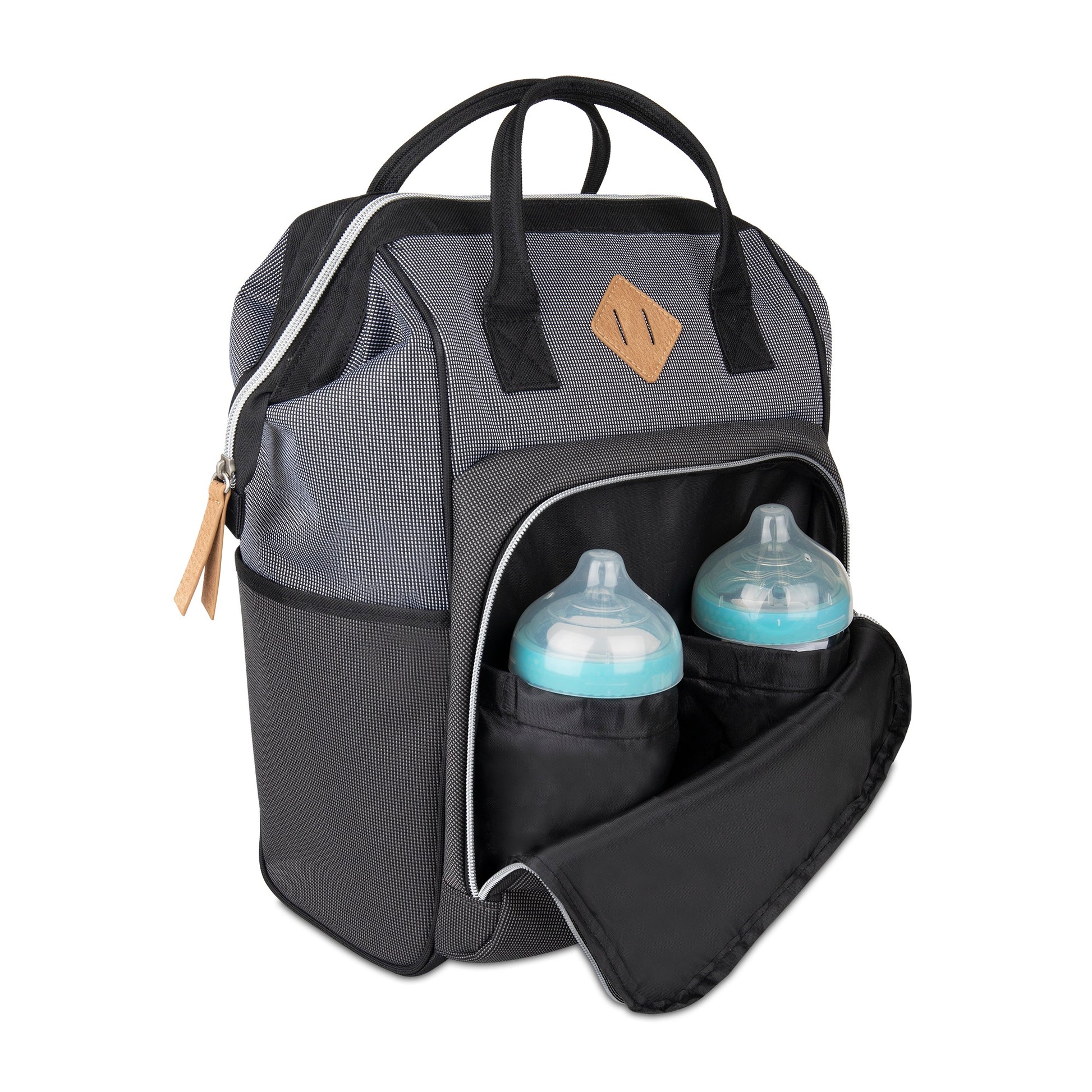 Baby Boom Gear - Clamshell Backpack Diaper Bag, Black, Gray, Tan
