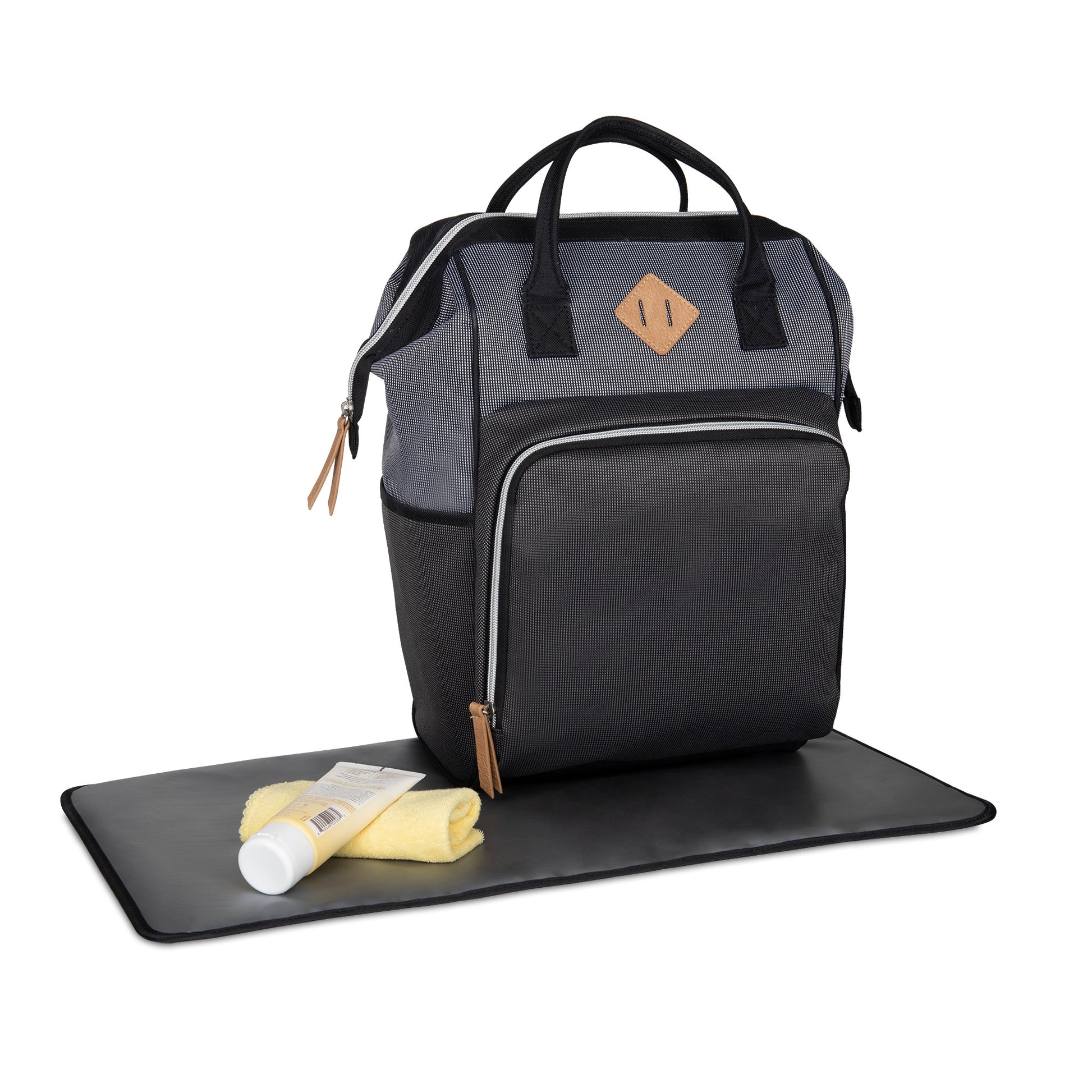 Baby Boom Gear - Clamshell Backpack Diaper Bag, Black, Gray, Tan
