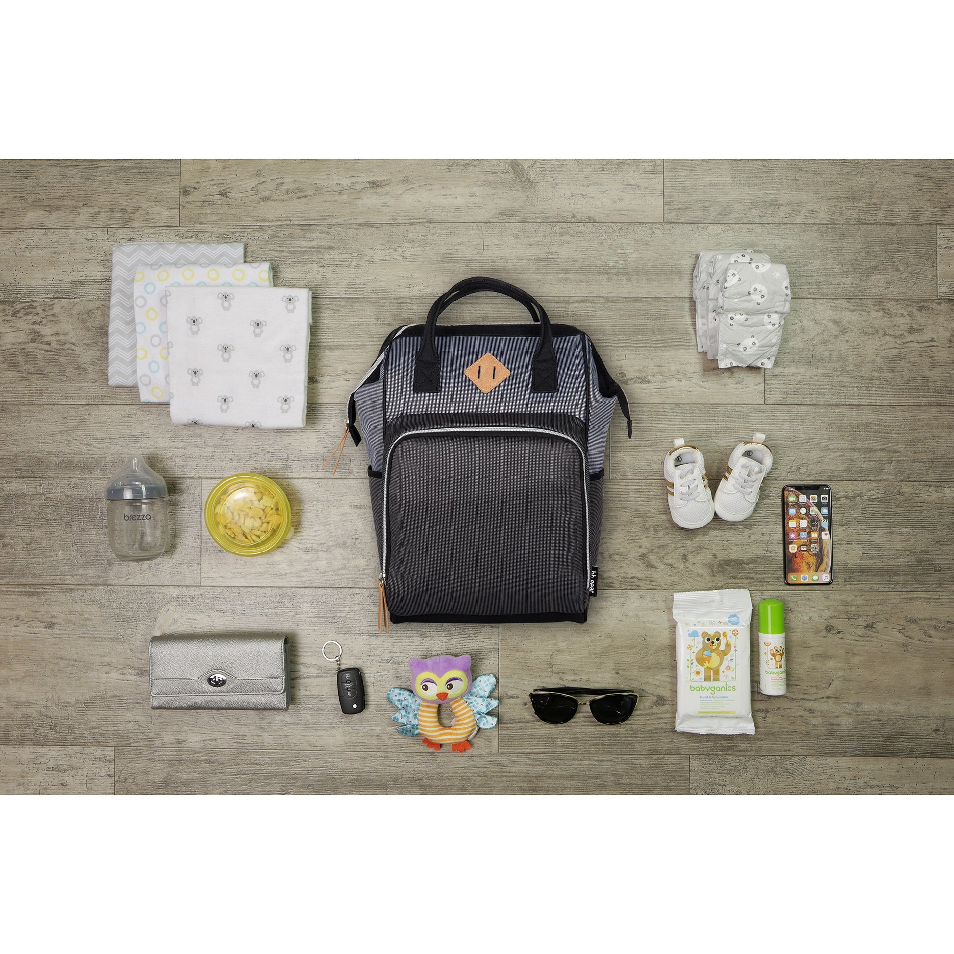Baby Boom Gear - Clamshell Backpack Diaper Bag, Black, Gray, Tan