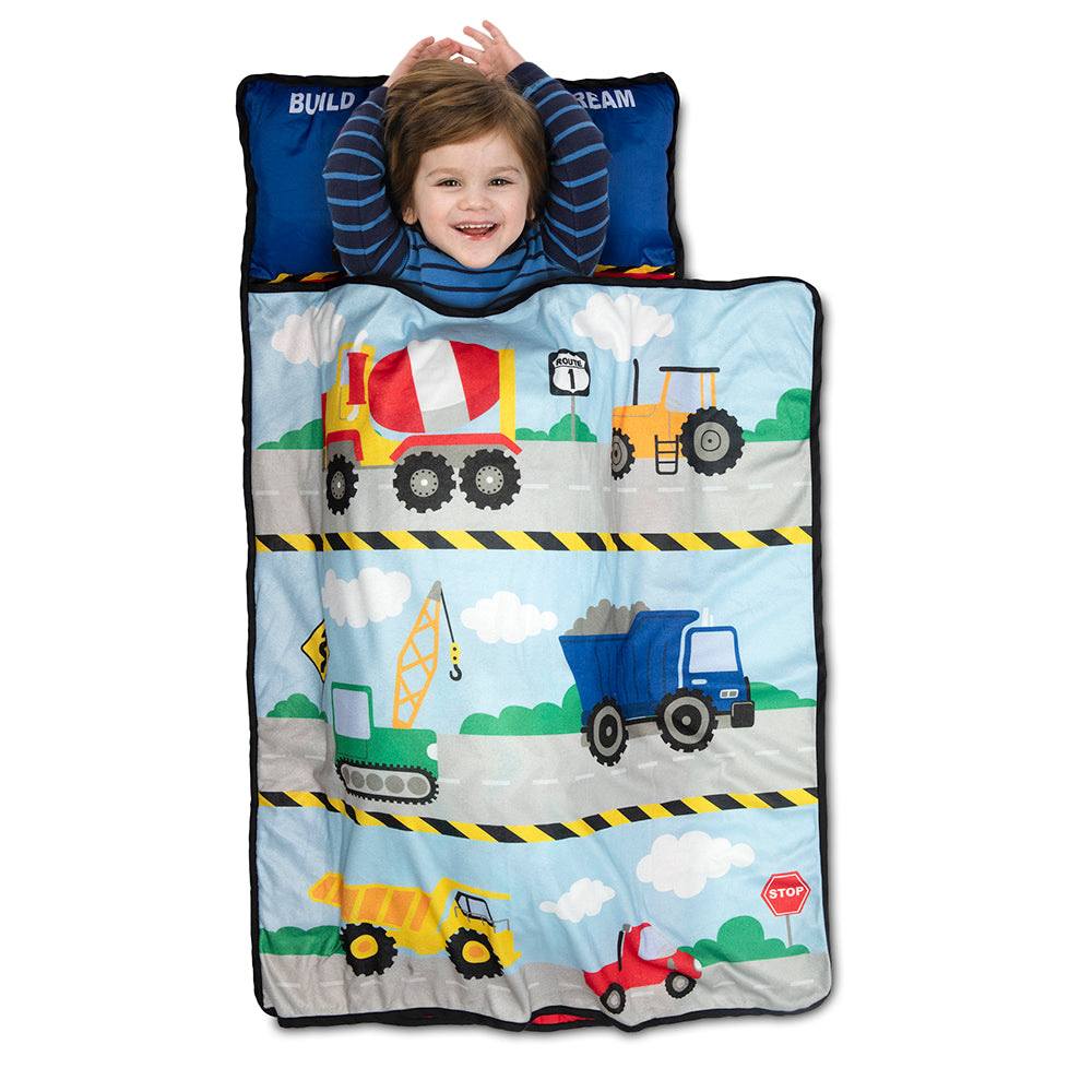 NoJo Construction Toddler Nap Mat - Includes Removable Pillow and Attached Fleece Blanket