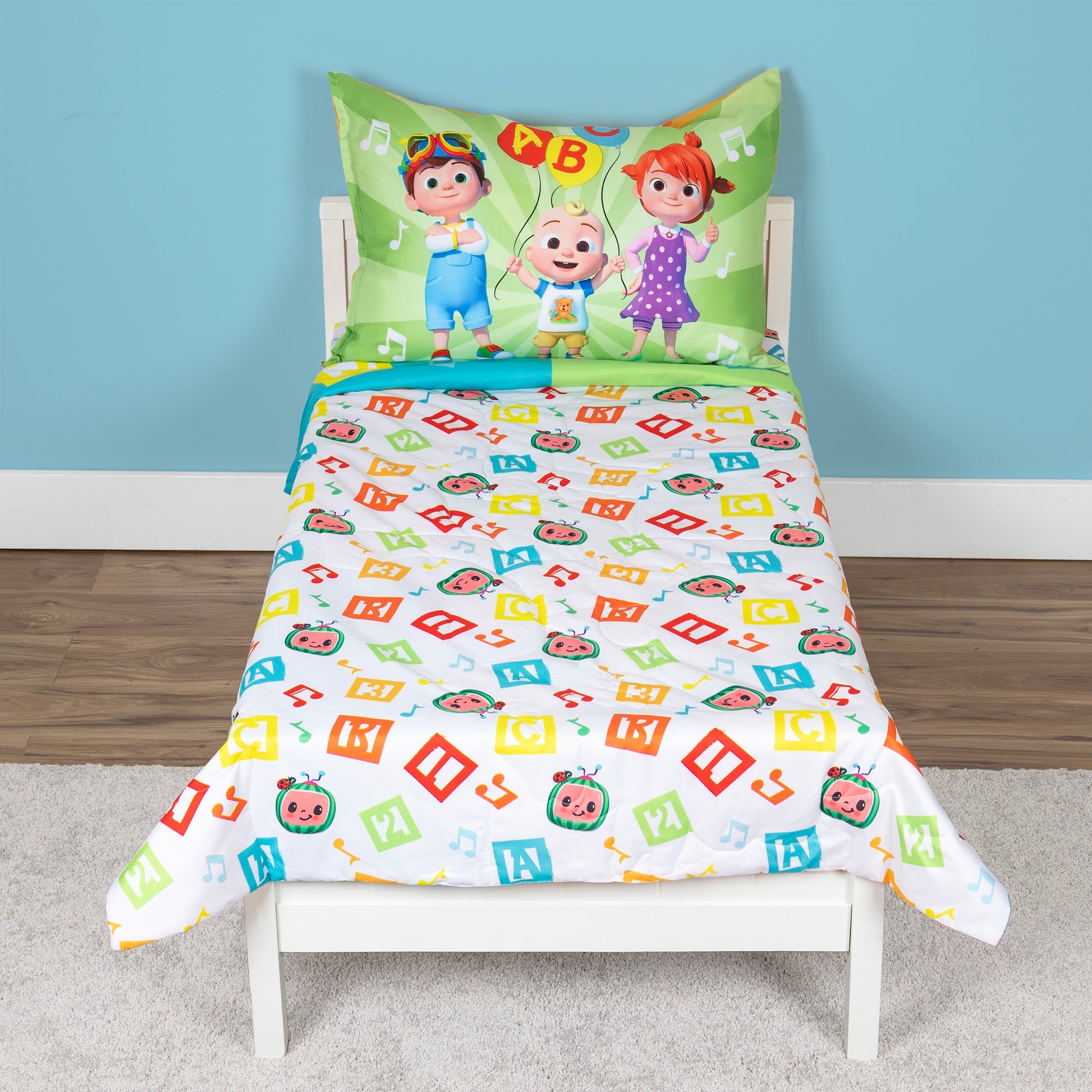 NoJo CoComelon Learning Is Fun 4 Piece Toddler Bed Set - Includes Comforter, Fitted Bottom Sheet, Flat Top Sheet, Reversible Pillowcase