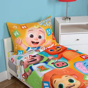 NoJo CoComelon Learning Is Fun 4 Piece Toddler Bed Set - Includes Comforter, Fitted Bottom Sheet, Flat Top Sheet, Reversible Pillowcase