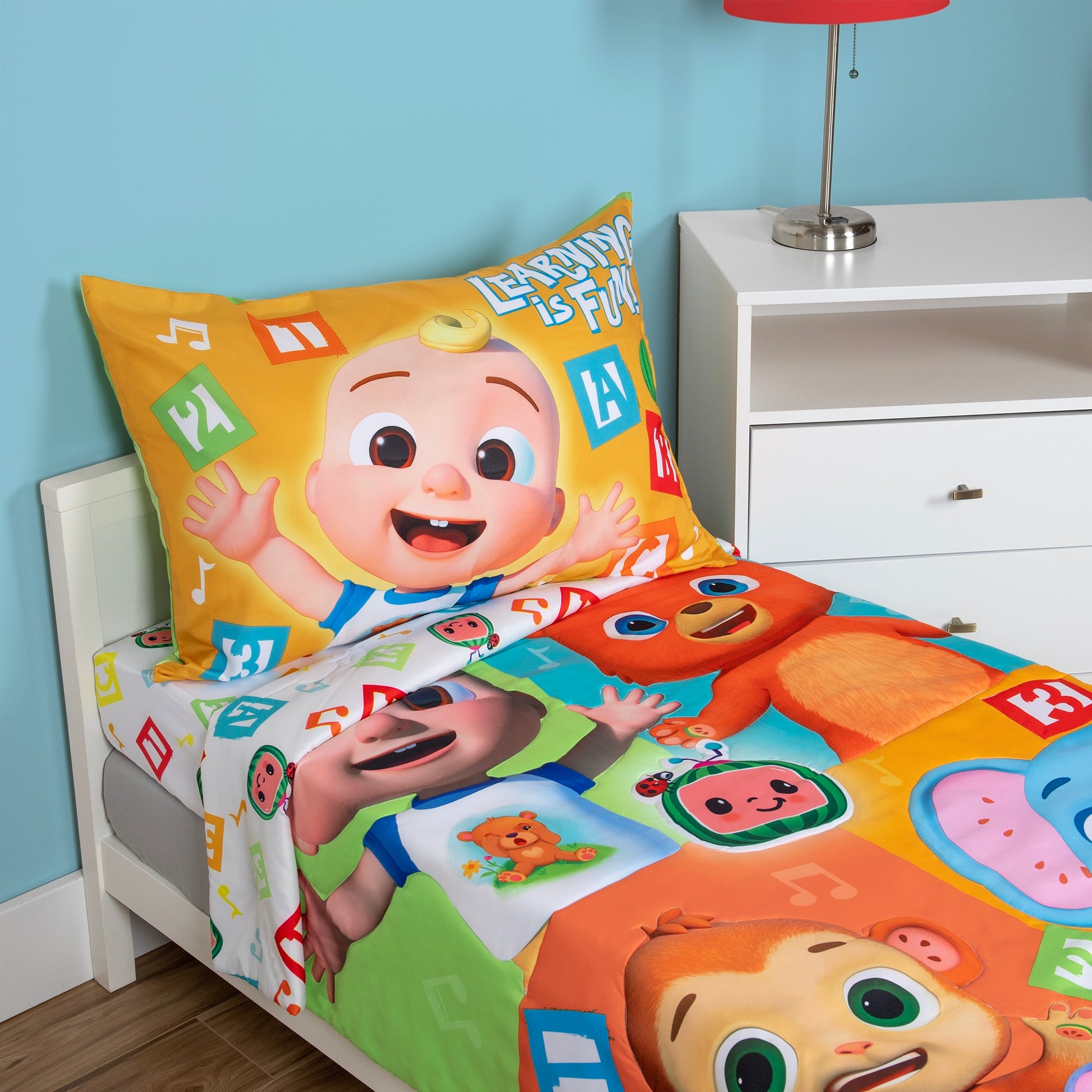 NoJo CoComelon Learning Is Fun 4 Piece Toddler Bed Set - Includes Comforter, Fitted Bottom Sheet, Flat Top Sheet, Reversible Pillowcase