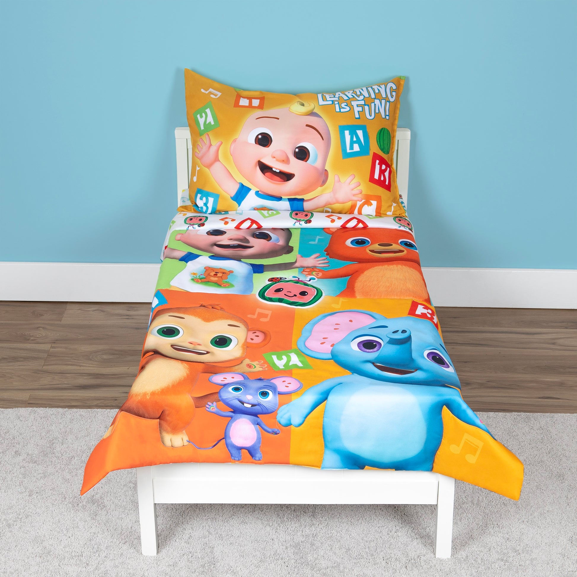 NoJo CoComelon Learning Is Fun 4 Piece Toddler Bed Set - Includes Comforter, Fitted Bottom Sheet, Flat Top Sheet, Reversible Pillowcase